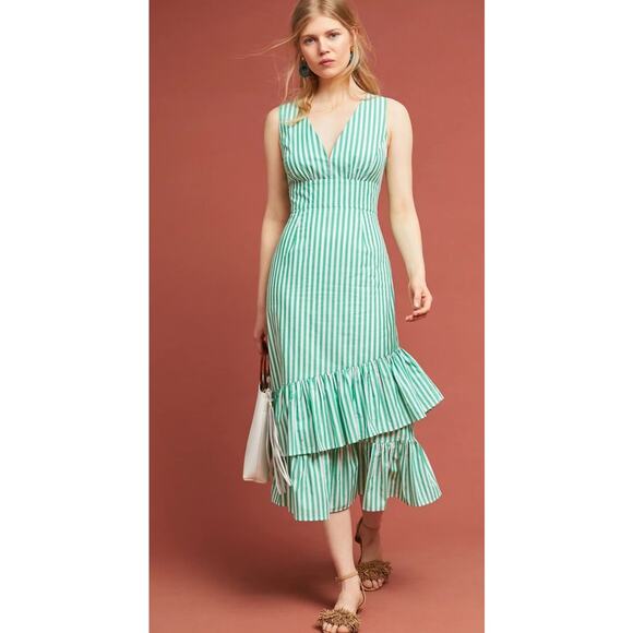 Anthropologie x Tracy Reese Assateague Striped Dress Size 0 Green Preppy Coastal - Picture 2 of 14